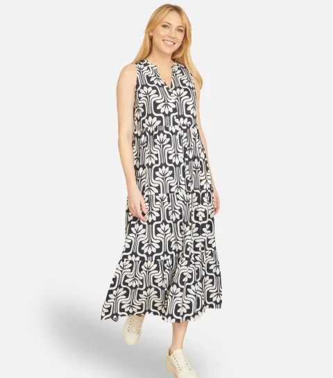 Women's Navy Retro Flower Print Midi Dress