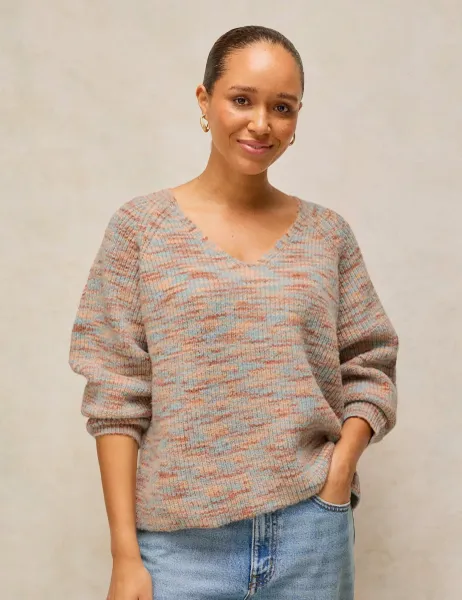 White Stuff Spacedye V-Neck Jumper with Wool Natural Mix