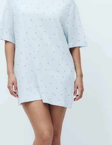 Marks & Spencer Cotton Modal Printed Relaxed Nightdress Light Blue Mix