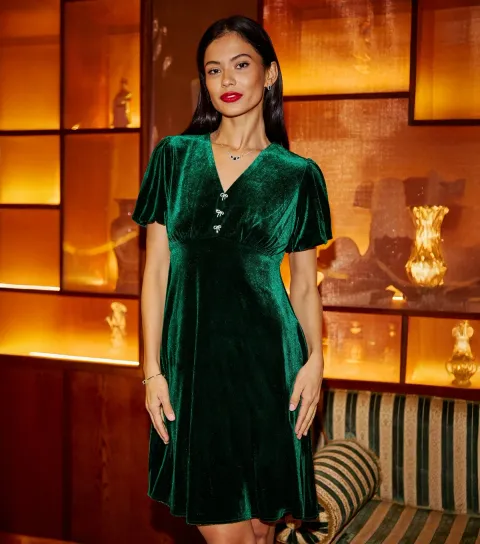 Women's Green Velvet Diamanté Mini Dress