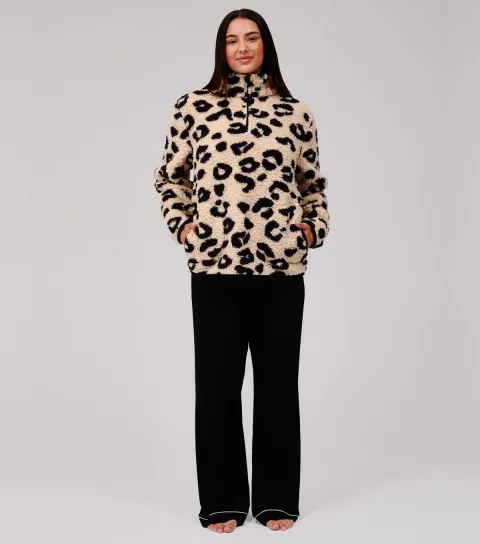 Loungeable Women's Brown Leopard Print Borg Fleece Quarter Zip Jumper