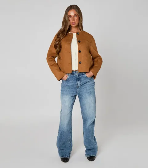 Women's Tan Cropped Faux Suede Button Front Jacket