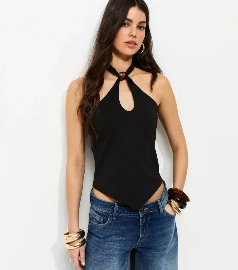 Women's Black Jersey Resin Bead Halter Top