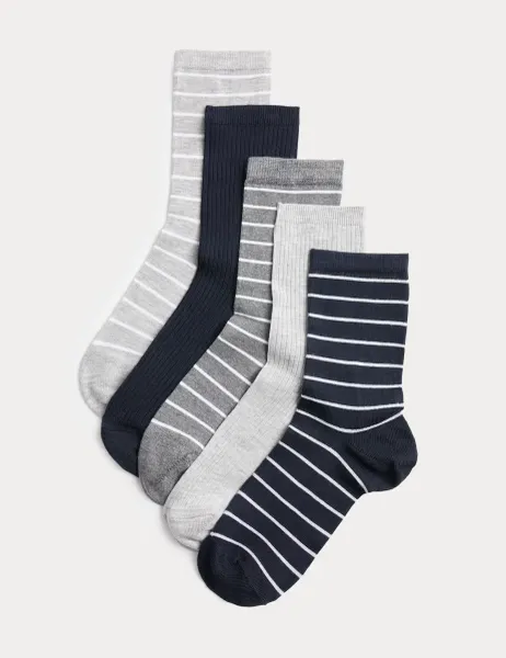 Marks & Spencer 5 Pack Supersoft Striped Crew Socks Navy Mix