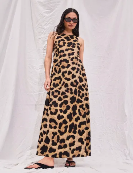 Leopard Print Maxi Slip Dress Brown Mix