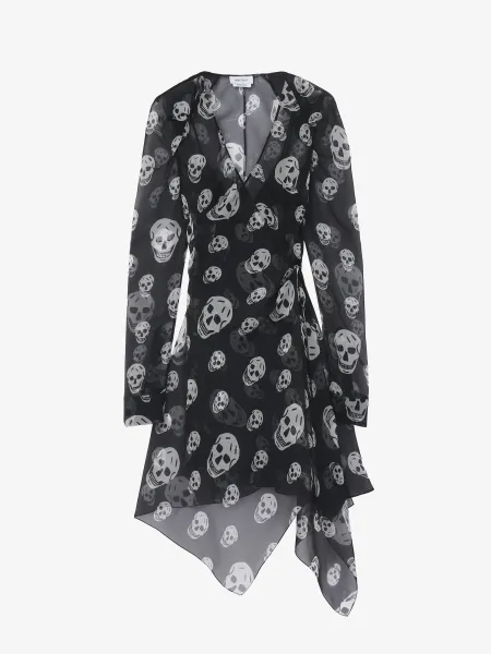 Silk Skull Print Wrap Dress