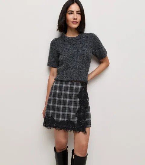 Women's Grey Woven Check Lace Mini Skirt