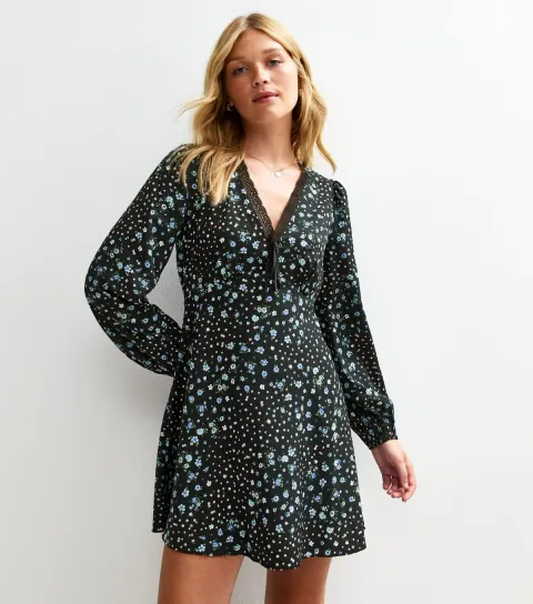 New Look Women's Black Floral Print Lace Trimmed V-Neck Mini Dress