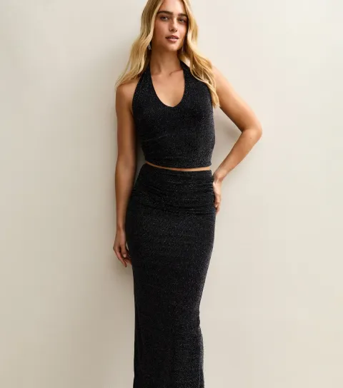 Women's Black Glitter Midi Skirt
