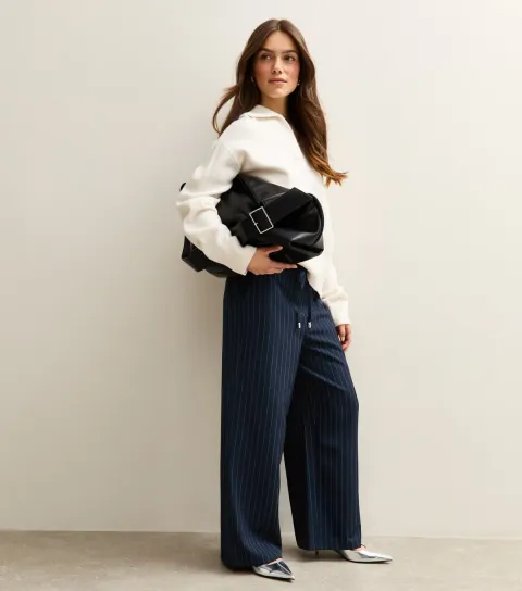 Women's Petite Navy Striped Tie Waist Wide Leg Trouser
