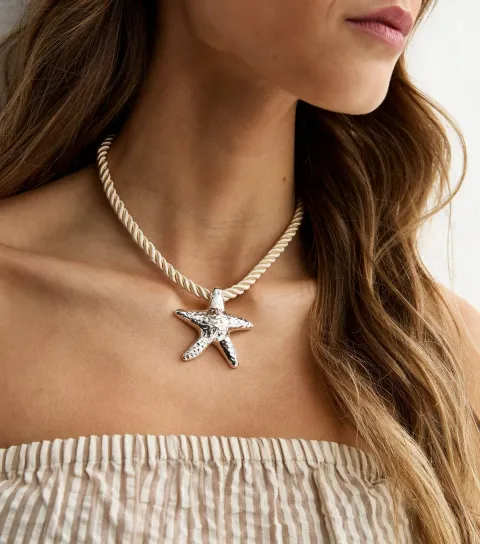 Silver Tone Starfish Pendant Rope Necklace