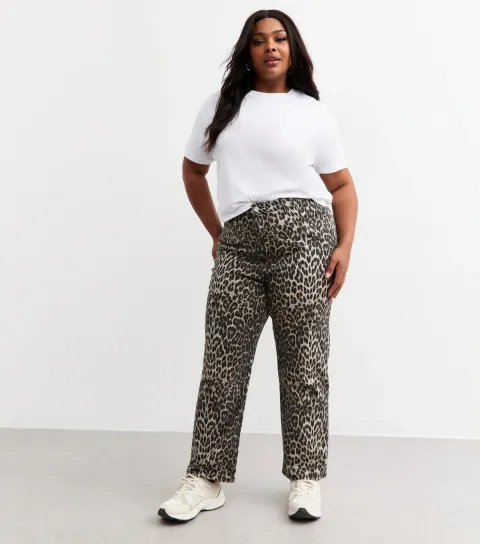 Women's Plus Size Brown Leopard Print Straight Leg Jeans Curves