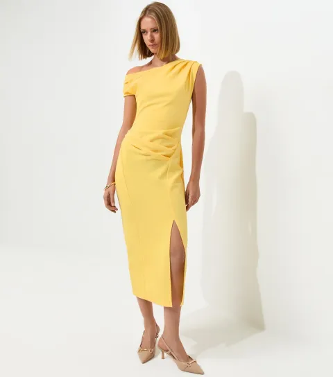 Women's Light Yellow Fallen Shoulder Slit Detail Midi Dress