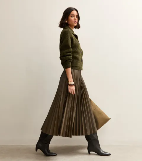 Women's Khaki Faux Leather Pleated Midi Skirt