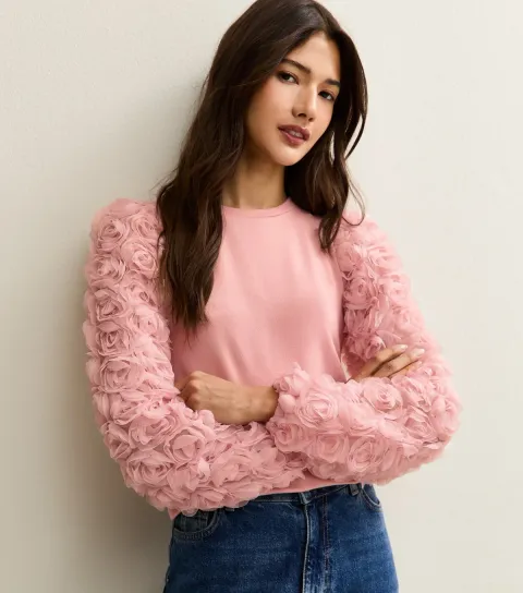 Women's Pink Rose Appliqued Sleeve Top