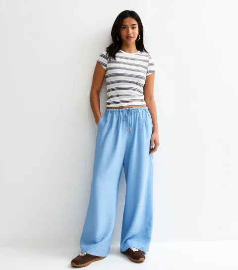 Women's Petite Light Blue Wide Leg Drawstring Trousers