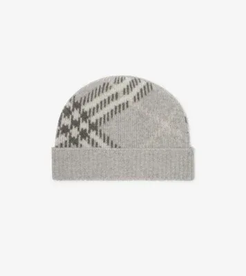 Check Cashmere Blend Beanie in Mitten grey