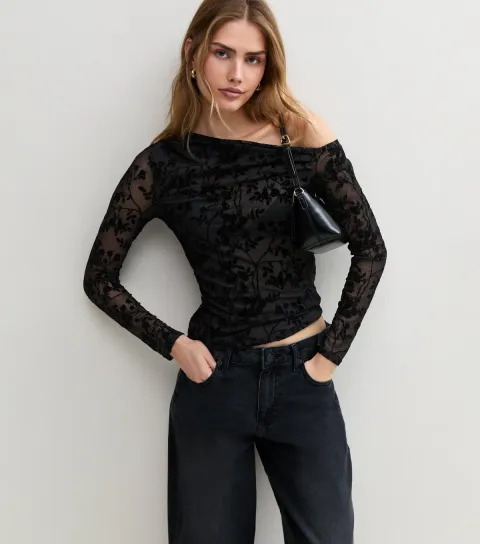 New Look Women's Black Mesh Floral Off Shoulder Long Sleeve Top