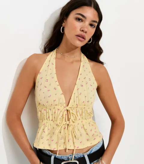 Women's Yellow Floral Print Tie Front Halter Neck Top