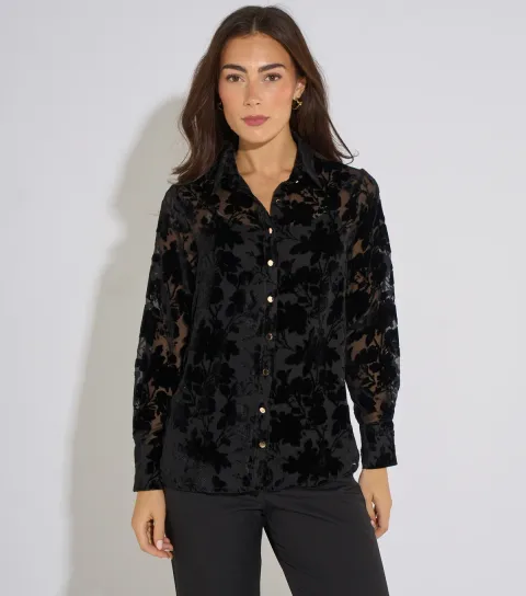 Gini London Women's Black Floral Burn Out Long Sleeve Shirt