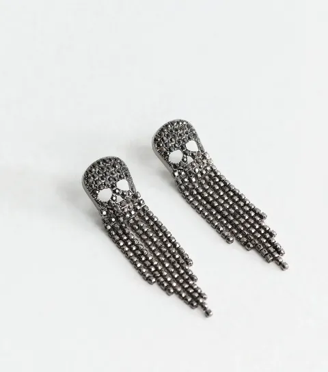 Dark Grey Rhinestone Embellished Tassel Skull Drop Earrings