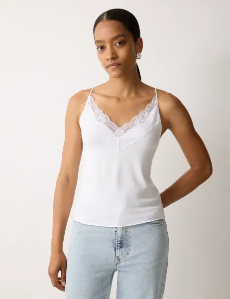 Jigsaw Modal Rich V-Neck Lace Trim Cami Top White
