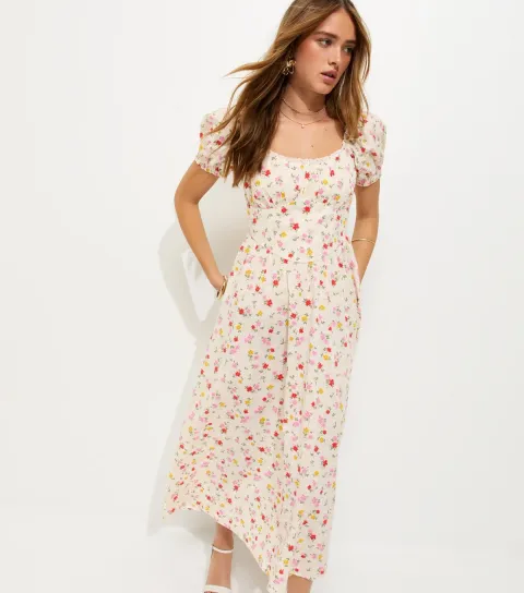 Women's White Cotton Floral Ruched Midi Dress