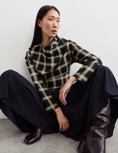 Jaeger Cotton Rich Checked Cowl Neck Blouse with Silk Black Mix