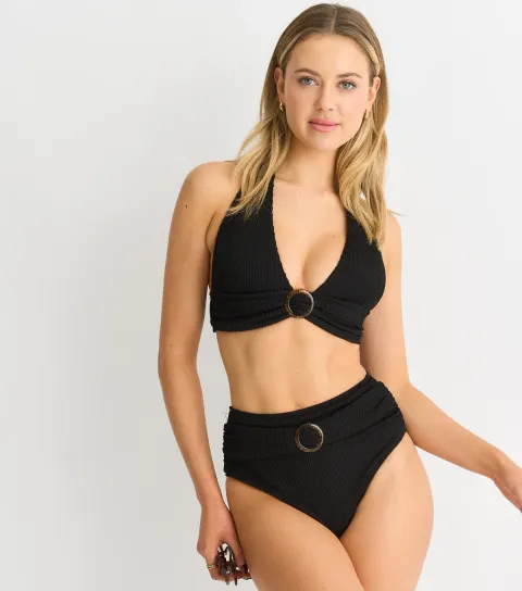 Women's Black Ring Detail Halter Neck Bikini Top