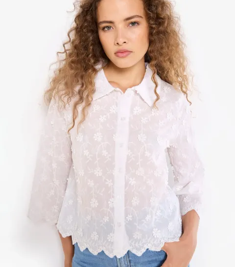 Women's White Floral Embroidered Shirt