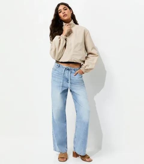 New Look Women's Blue Cotton Drawstring Wide Leg Jeans