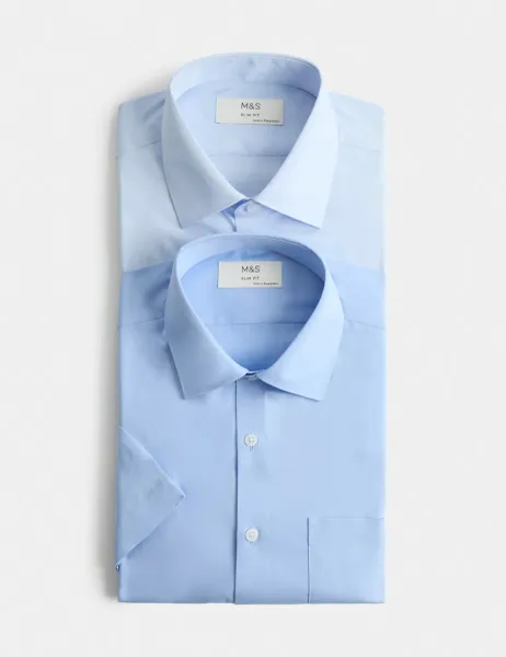 Marks & Spencer 2 Pack Slim Fit Easy Iron Shirts Blue Mix