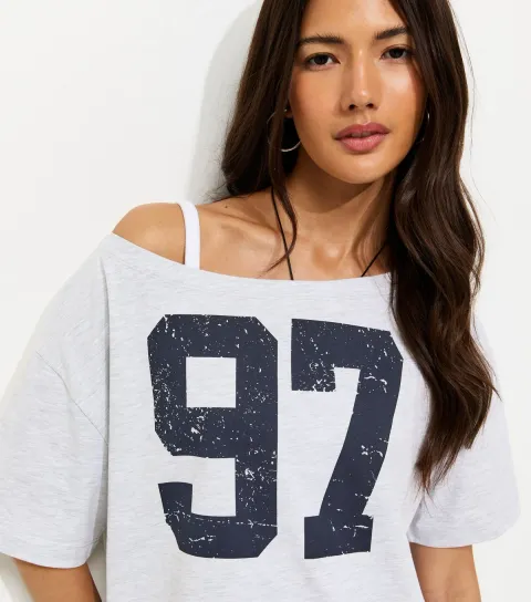 Women's Grey Marl Distressed 97 Print Off The Shoulder T-Shirt