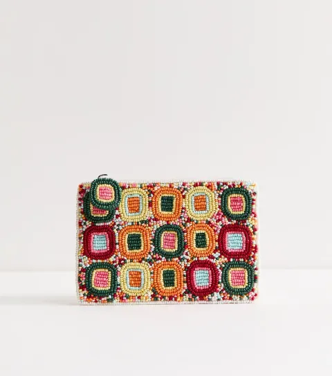 Green Beaded Geometric Zip Purse