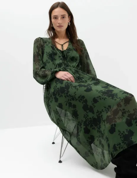 Marks & Spencer Chiffon Floral V Neck Midaxi Waisted Dress Green Mix