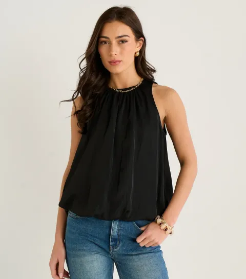 Women's Black Puffball Hem High Neck Top