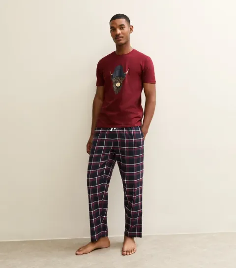 Men's Red Regular Cow Print T-Shirt and Trousers Pyjamas Set
