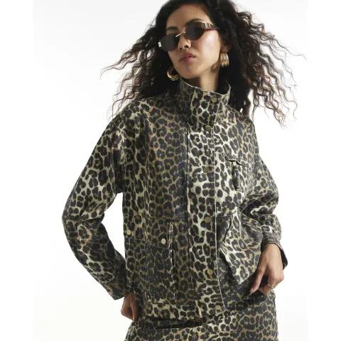 River Island Leopard Denim Funnel Neck Jacket