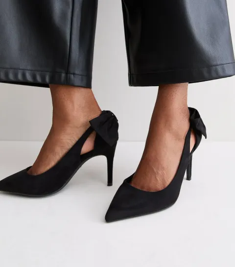 New Look Women's Wide Fit Black Faux Suede Bow Heel Pumps Vegan