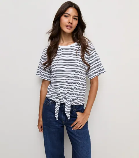 Women's Blue Cotton Horizontal Stripe Tie Front T-Shirt