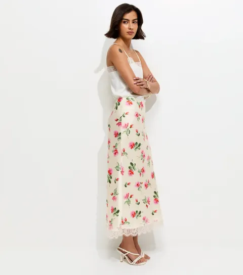 Women's White Rose Print Lace Trim Midi Skirt