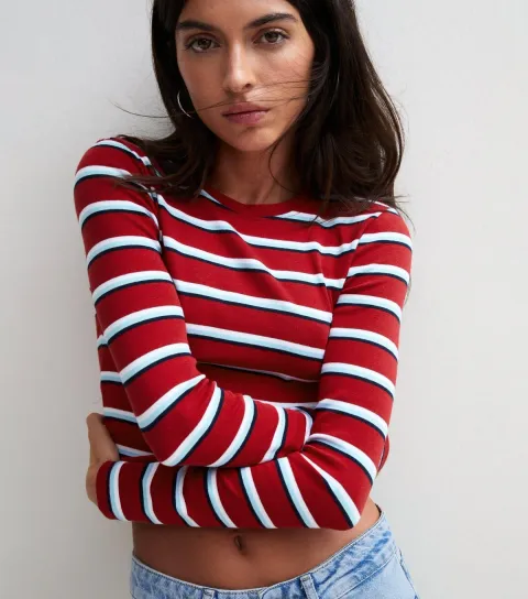 New Look Women's Red Cotton Rich Striped Long Sleeve Baby Tee