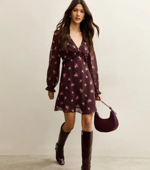 Women's Burgundy Floral Chiffon Mini Dress