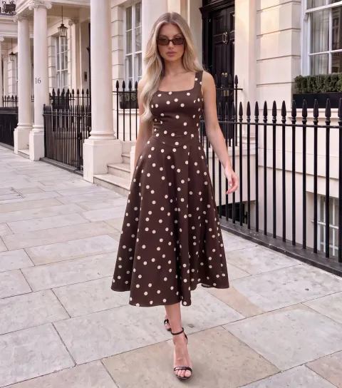 Women's Dark Brown Polka Dot Square Neck Midi Dress