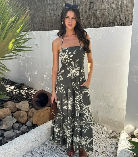 Women's Dark Khaki Floral Print Tie Smock Midi Dress