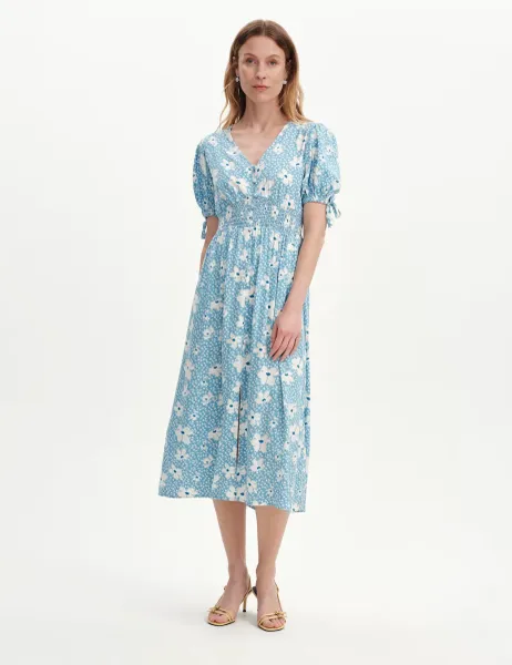 Finery London Floral Shirred Button Through Midi Dress Blue Mix