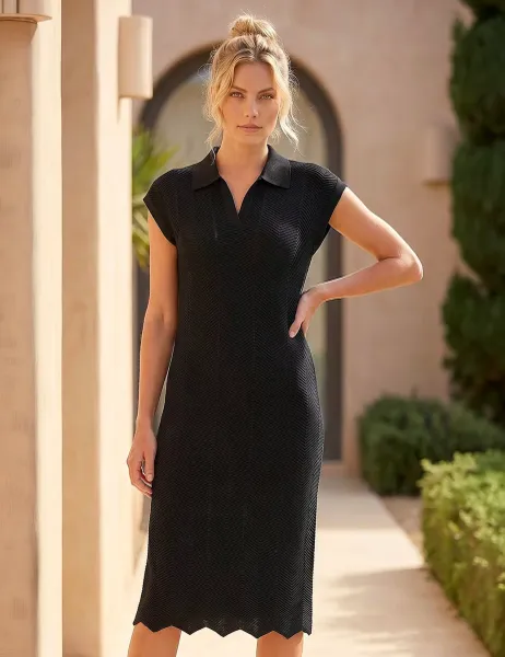 Roman Textured Zig Zag V Neck Midi Dress Black
