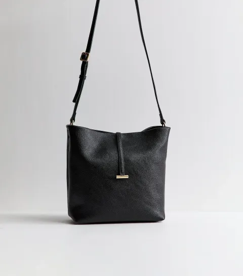 Black Grained Faux Leather Bucket Bag Vegan