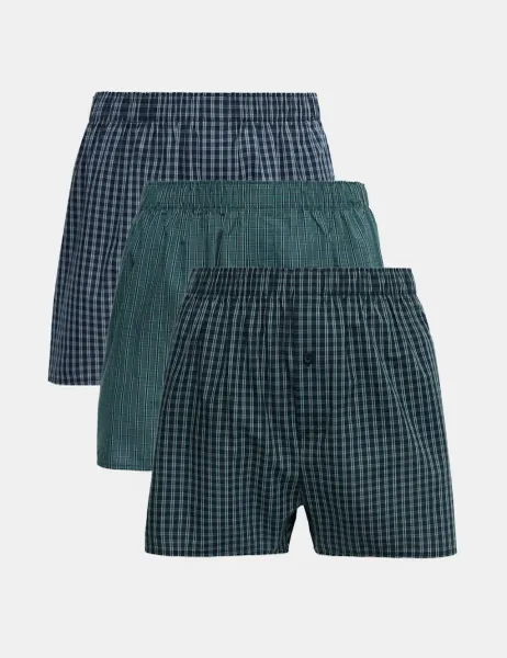 Marks & Spencer 3 Pack Pure Cotton Checked Woven Boxers Teal Mix