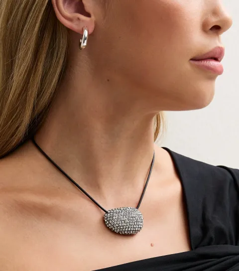 New Look Silver Tone Diamante Dome Pendant Cord Necklace